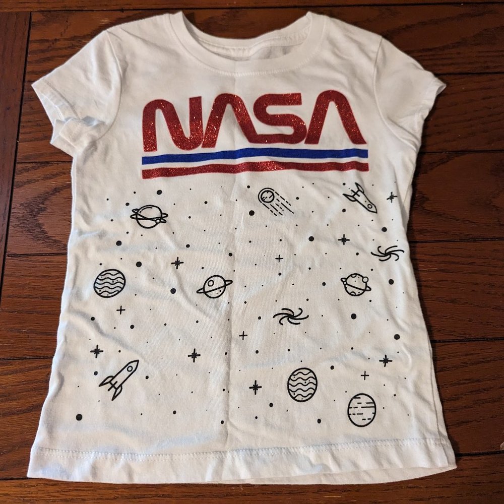 Girls NASA Glitter T-Shirt RWB w/Spaceship Stars & Planet Graphics sz XS 4-5